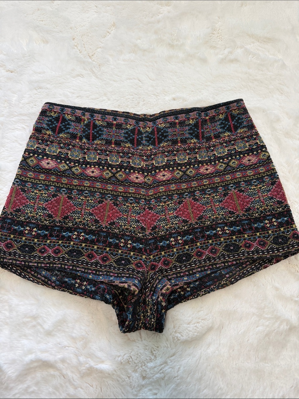 Ecoté Vibrant Multicolor Boho Cottagecore Tapestry Knit Hot Pants Tap Shorts